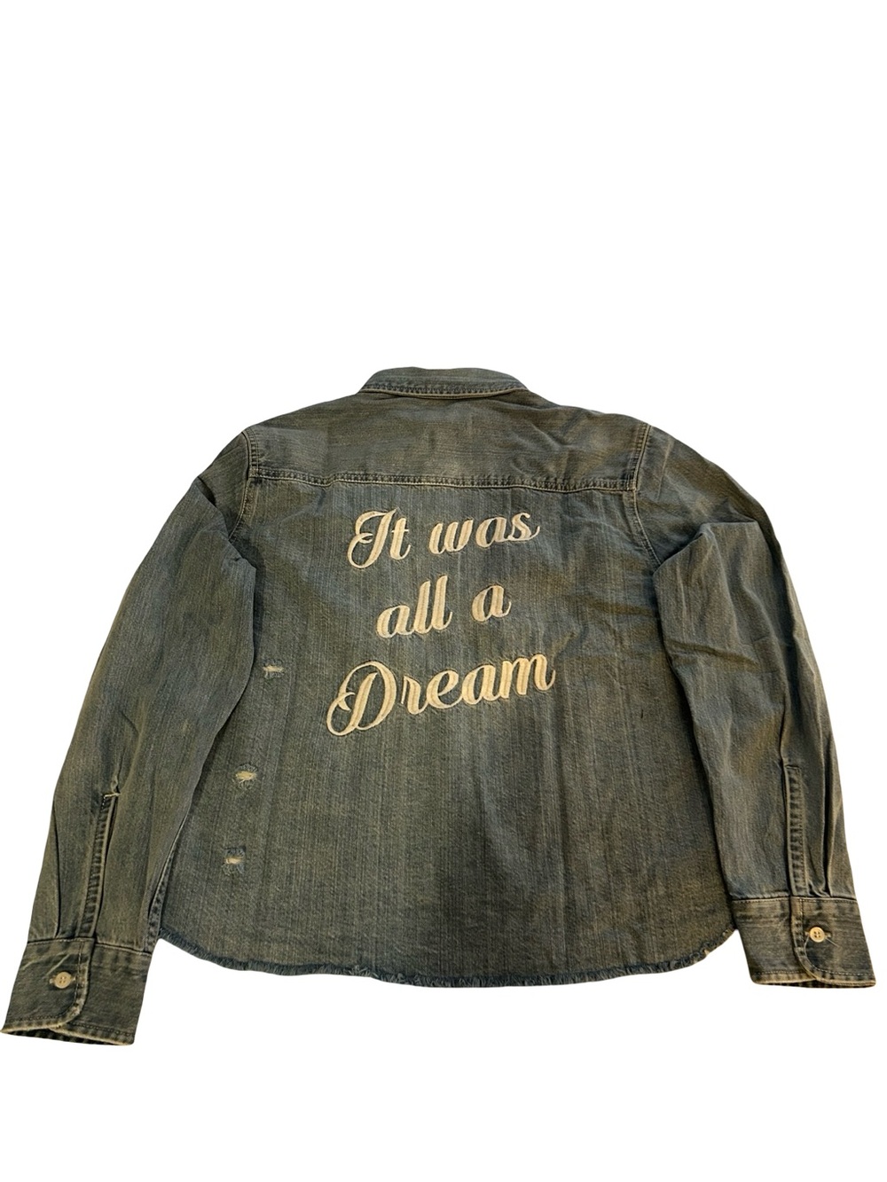 BRAND NEW!  Denim Button-Down Shirt Jacket with "It was all a Dream" Embroidery